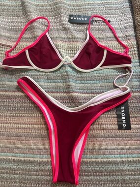ONEONE Burgundy Bikini Set with Hot Pink Trim